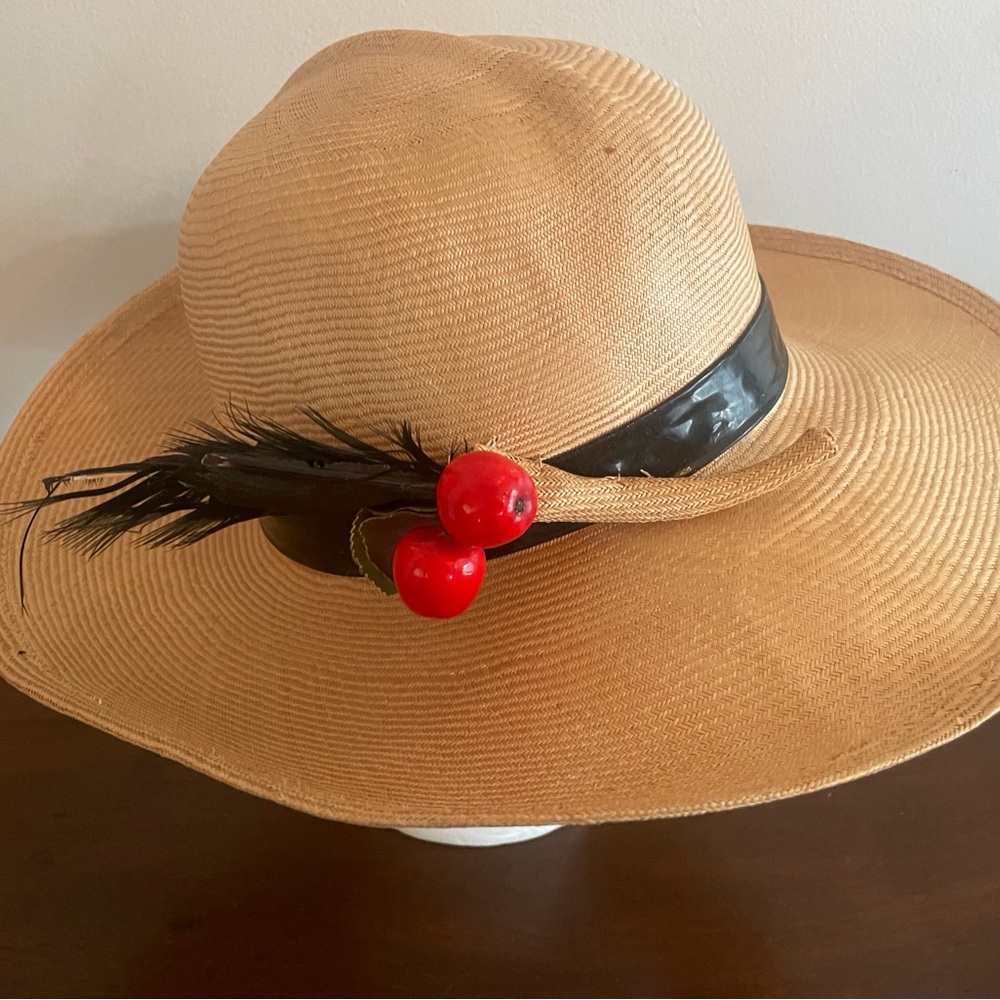 Chic Tan Sun Hat with Black Band and Red Details